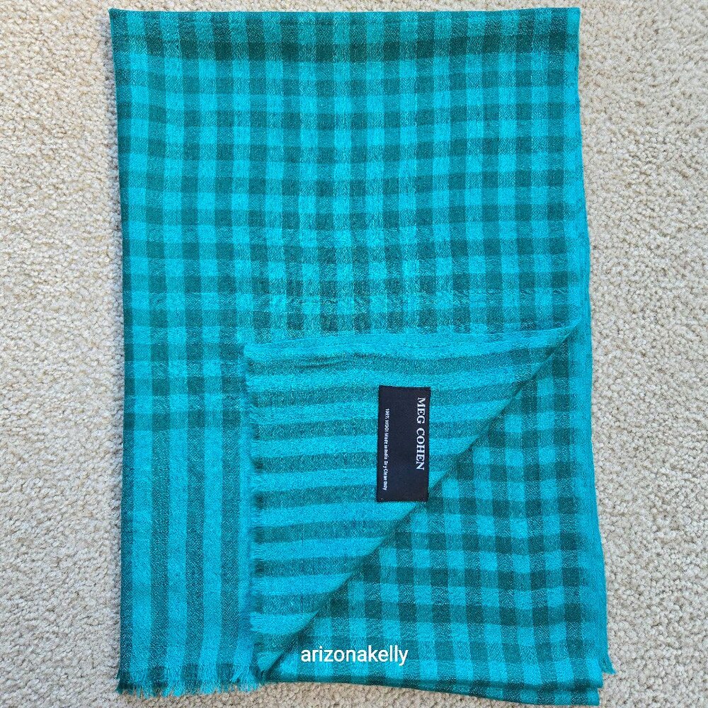 NWOT Meg Cohen Wool Scarf Lightweight Buffalo Plaid Check Teal Blue-Green